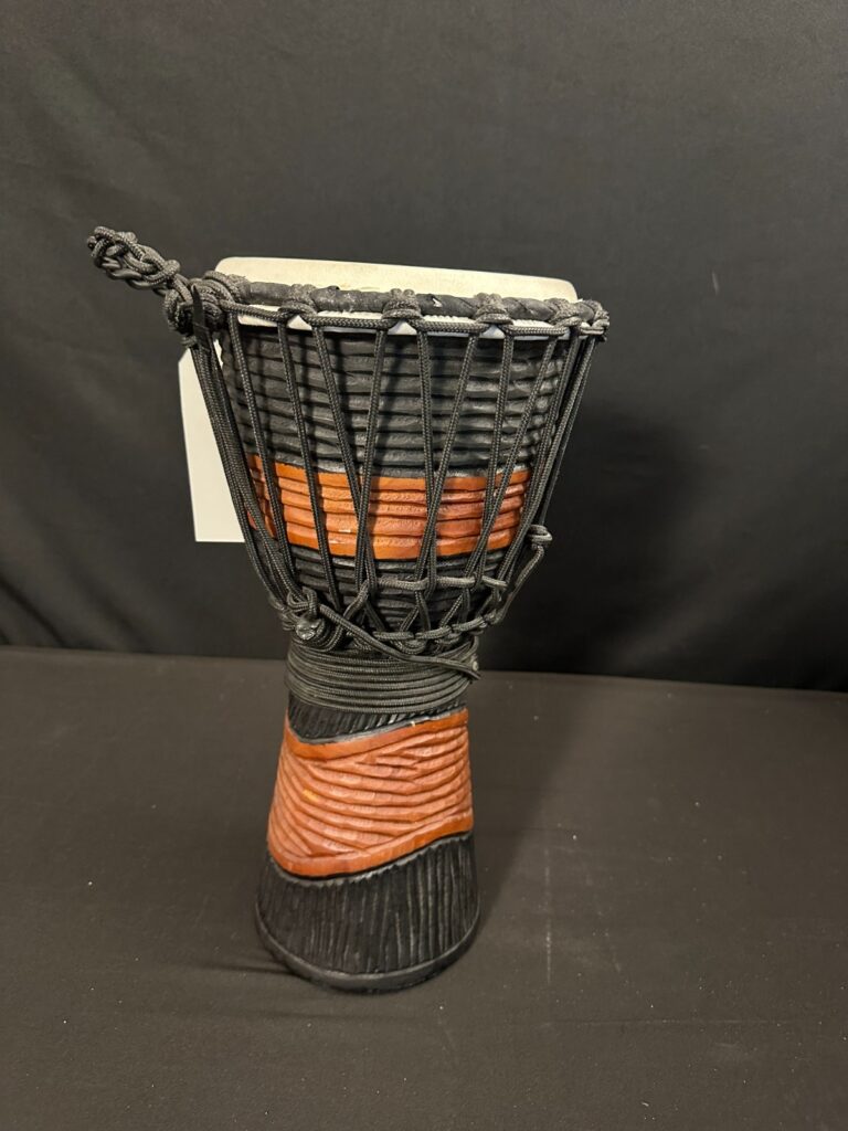 Toca African Black and Brown 8" Djembe with attached woven black strap, 16" tall