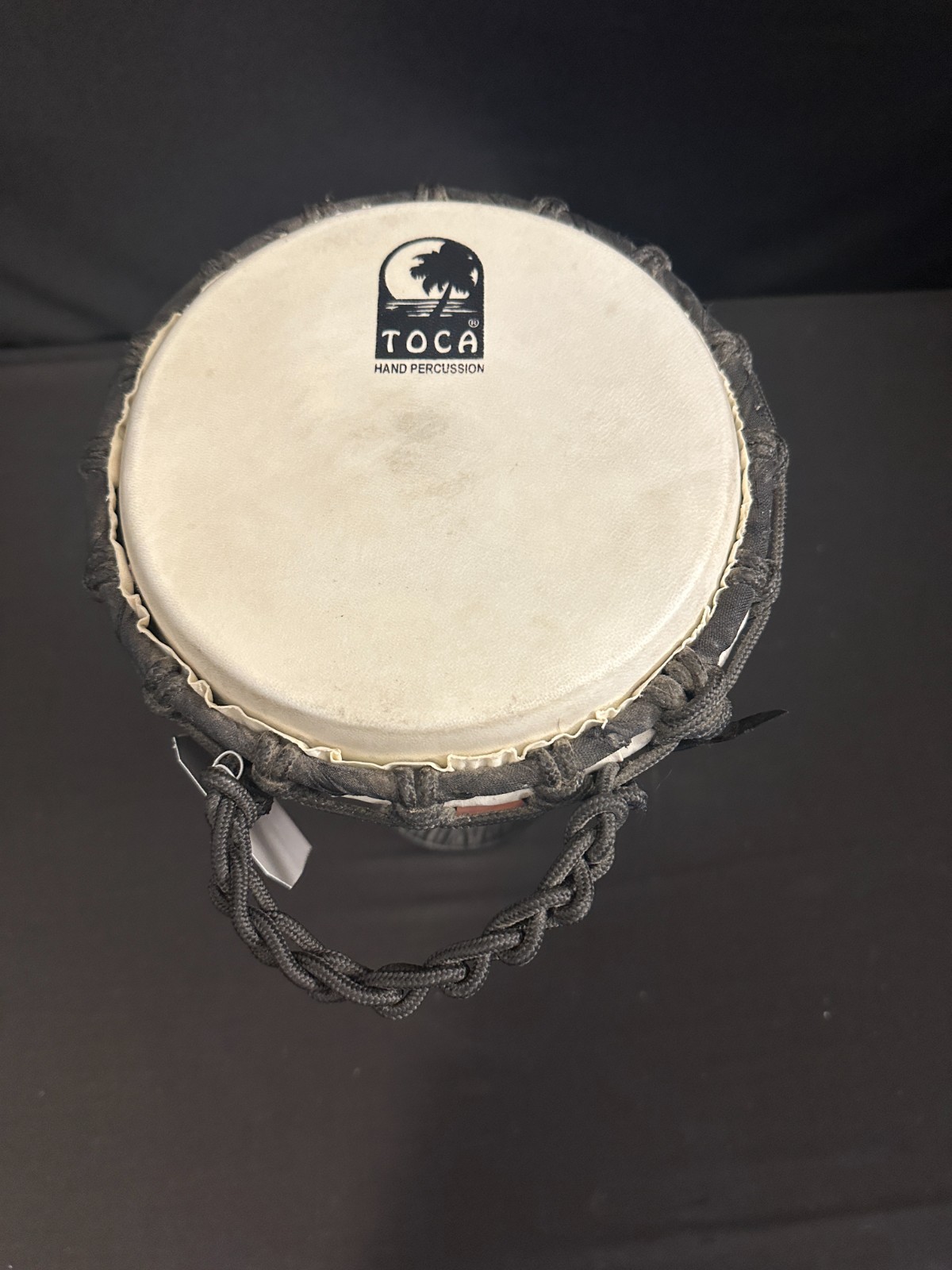 Toca African Black and Brown 8" Djembe with attached woven black strap, 16" tall - Image 2
