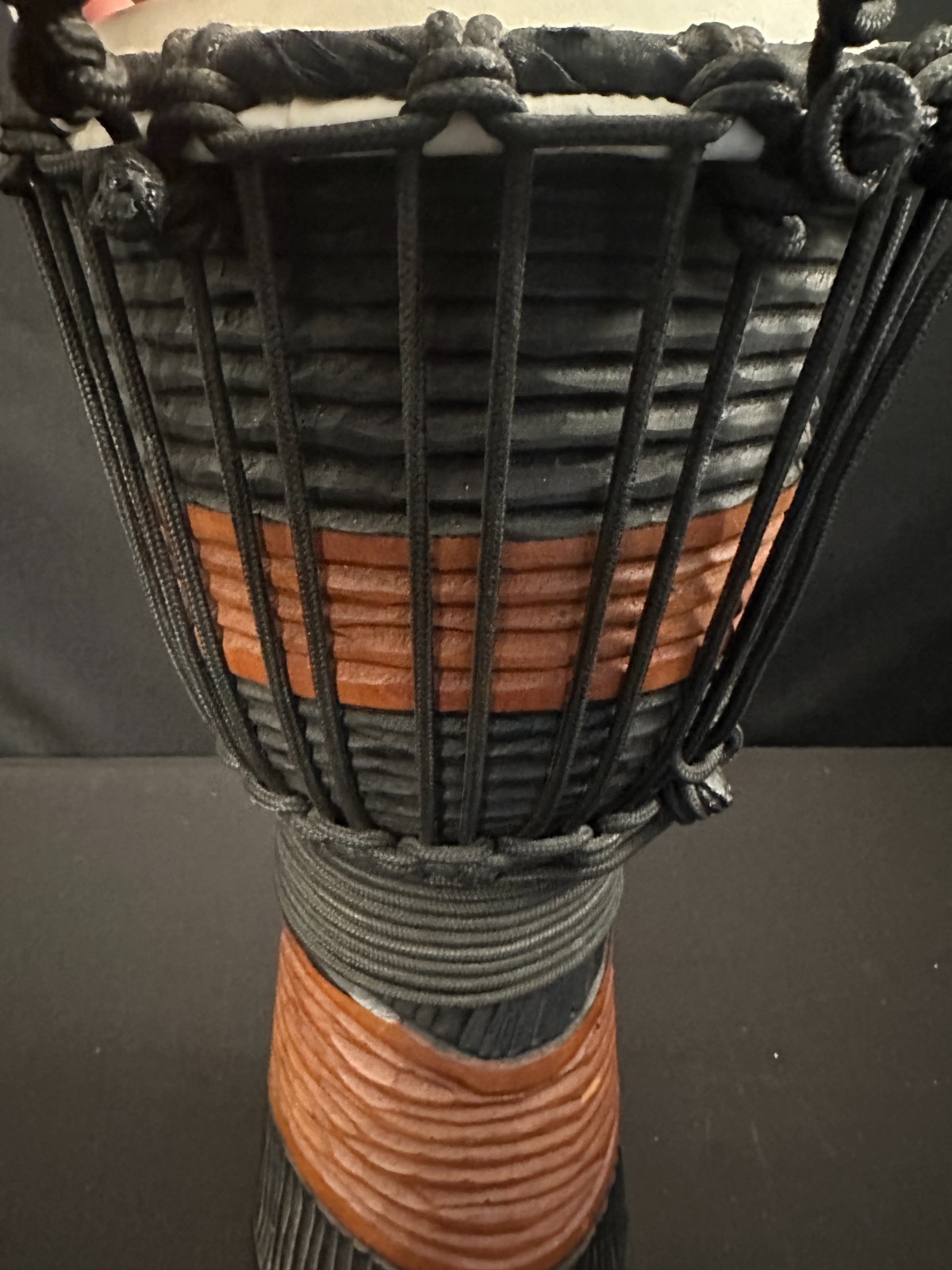 Toca African Black and Brown 8" Djembe with attached woven black strap, 16" tall - Image 3