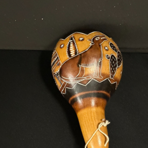 7" Gourd shaker with fox painted details brown and black, tells a story