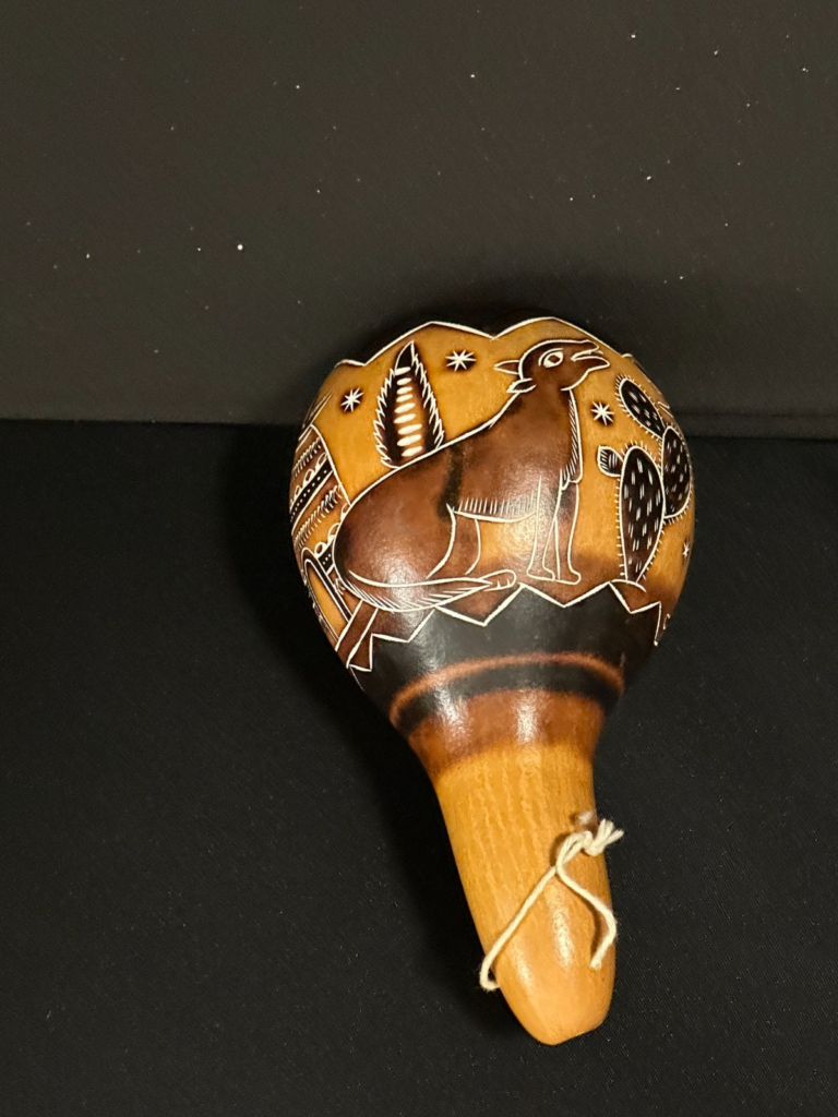 7" Gourd shaker with fox painted details brown and black, tells a story