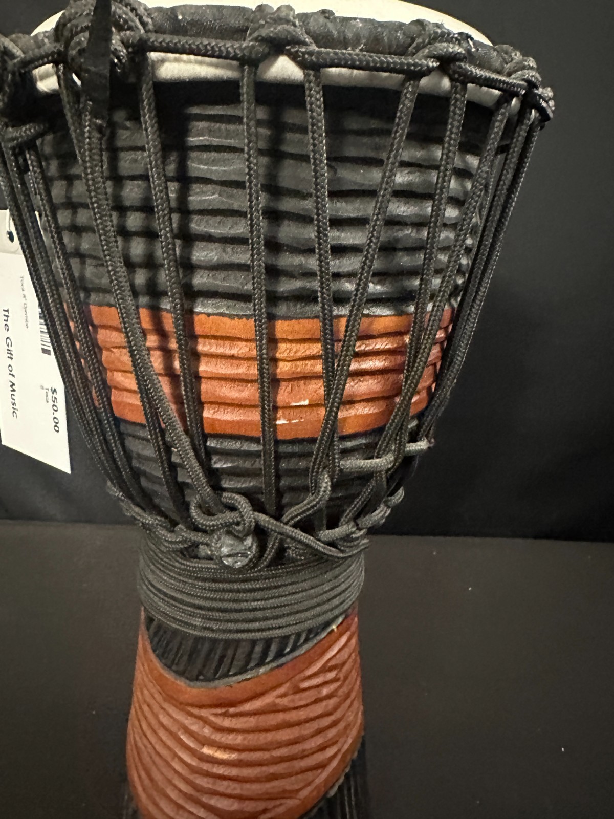 Toca African Black and Brown 8" Djembe with attached woven black strap, 16" tall - Image 4