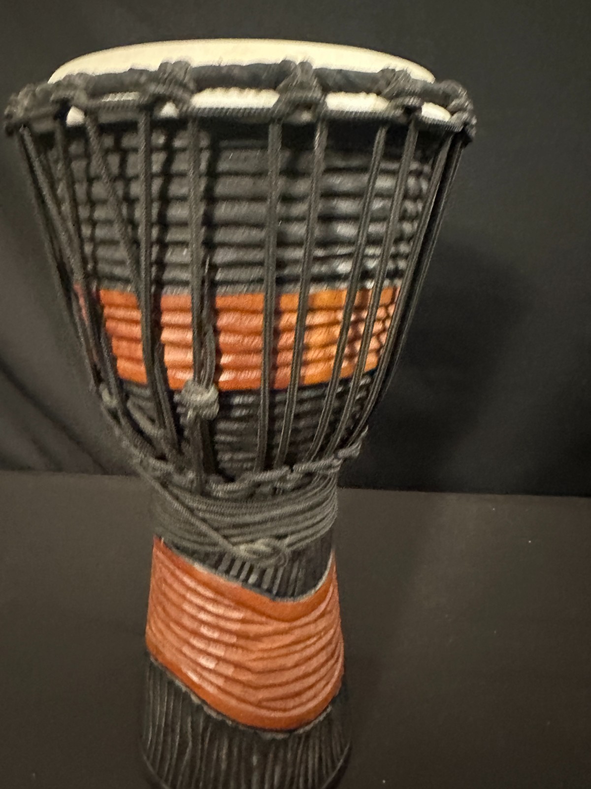 Toca African Black and Brown 8" Djembe with attached woven black strap, 16" tall - Image 5