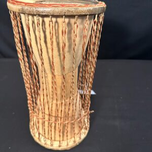 6" Talking Drum with skin heads, no beater, leather at stitching and ropes 12"H