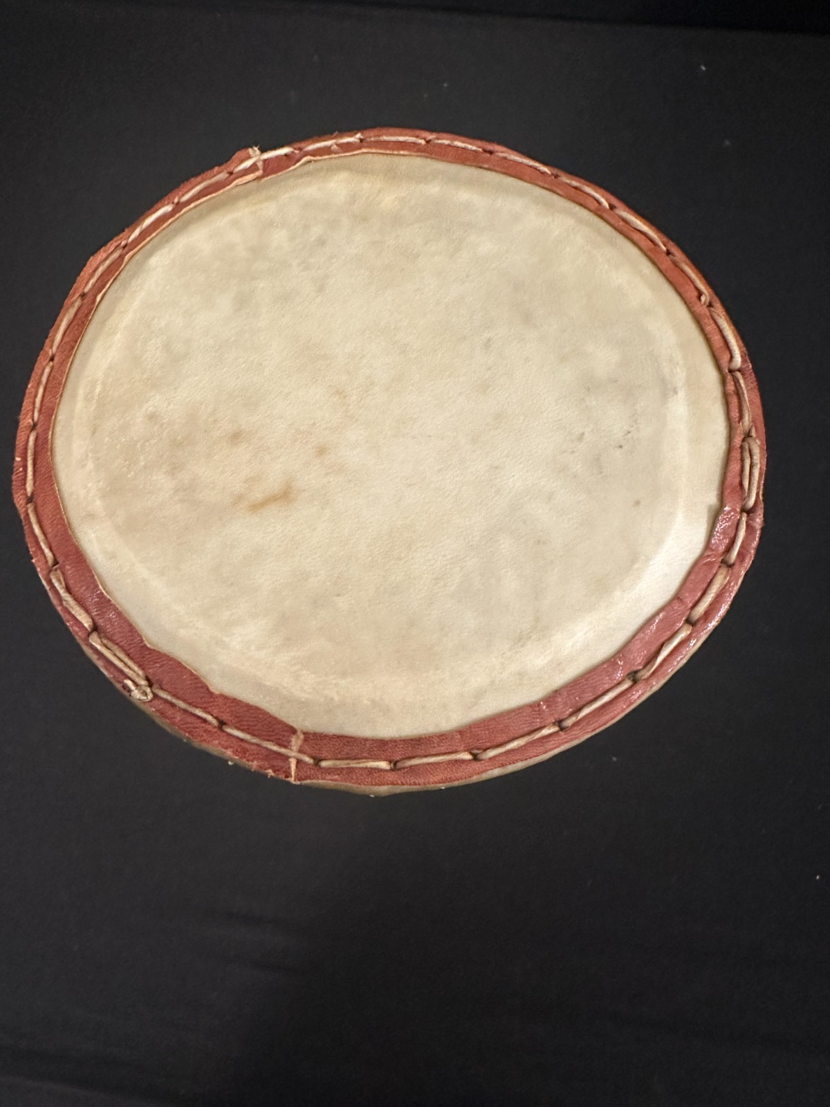 6" Talking Drum with skin heads, no beater, leather at stitching and ropes 12"H - Image 2