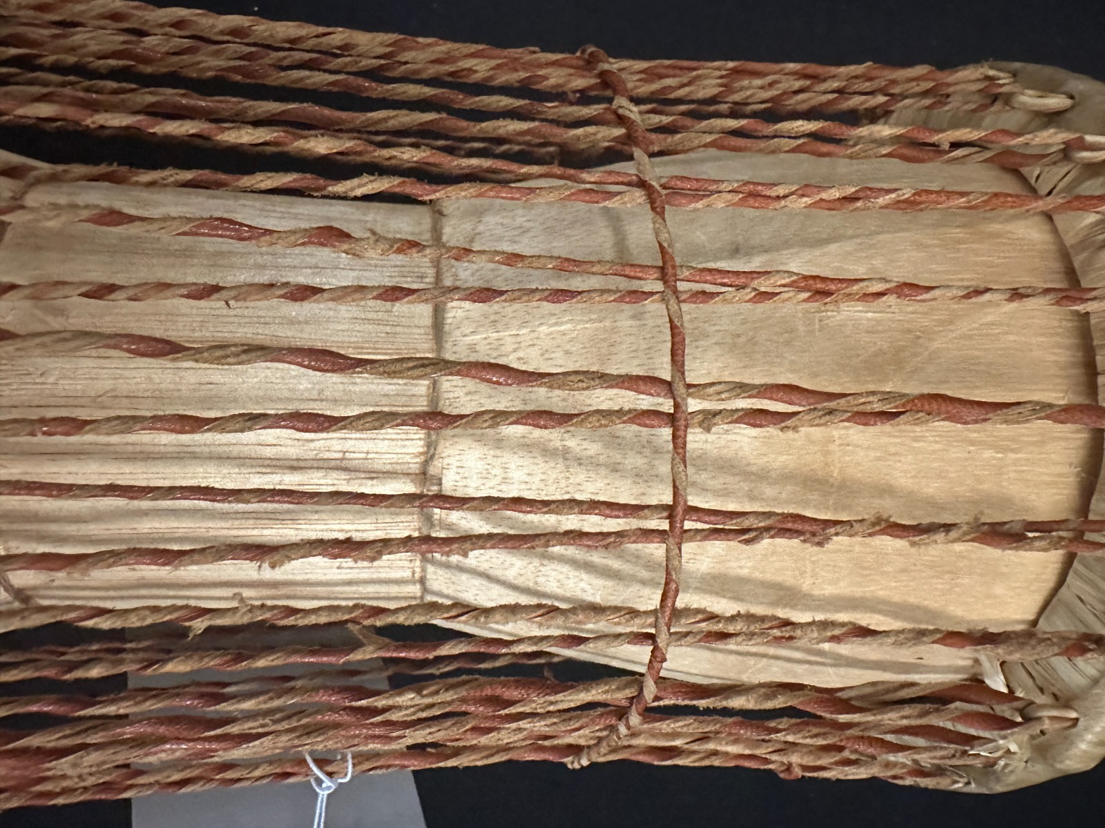 6" Talking Drum with skin heads, no beater, leather at stitching and ropes 12"H - Image 3