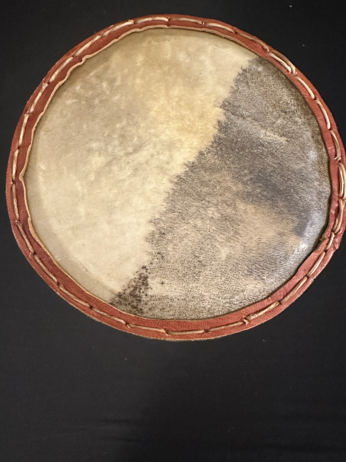 6" Talking Drum with skin heads, no beater, leather at stitching and ropes 12"H - Image 4