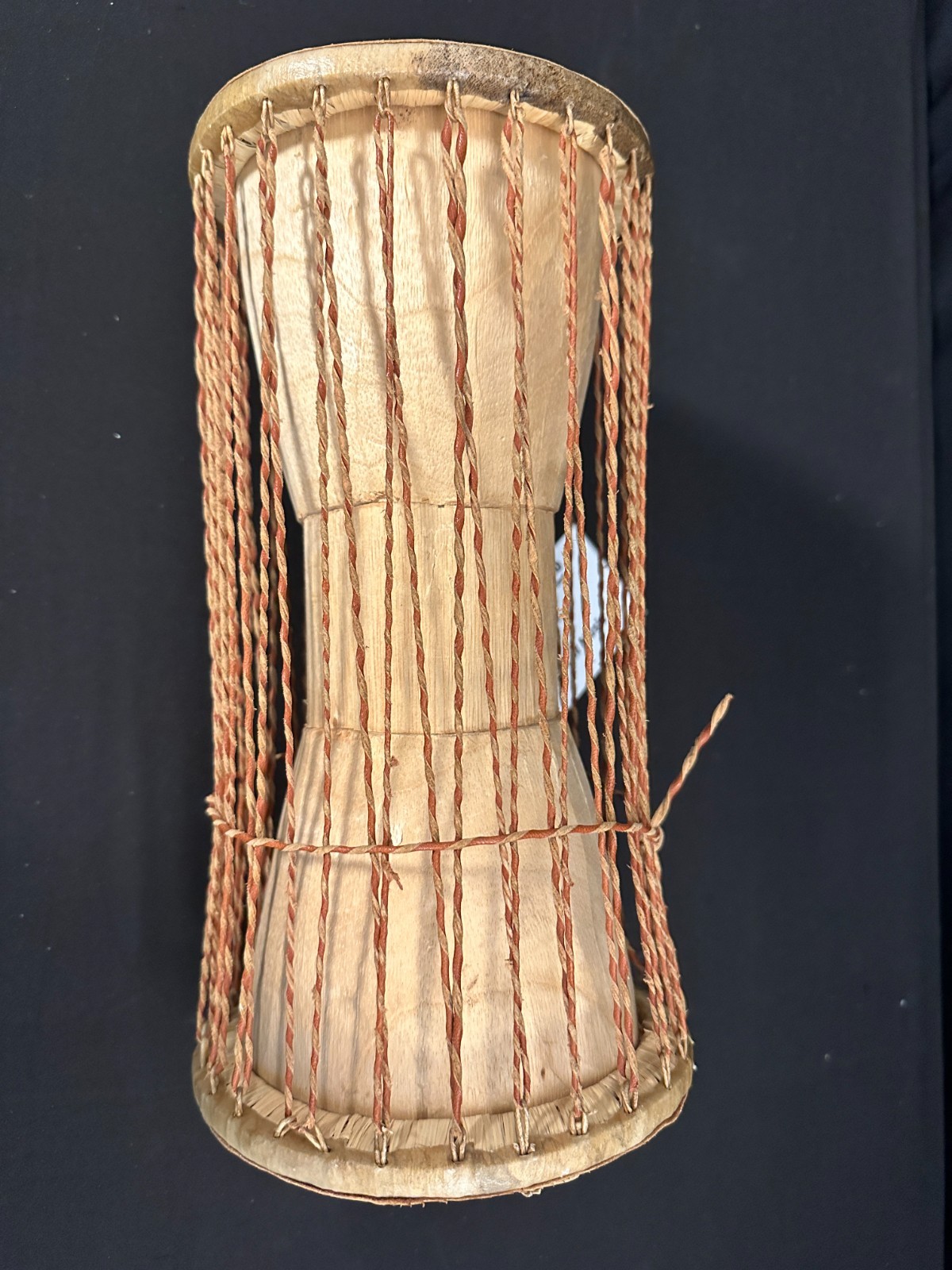 6" Talking Drum with skin heads, no beater, leather at stitching and ropes 12"H - Image 5
