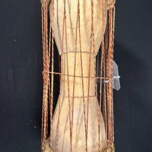 5" Talking Drum with skin heads, brown leather at stitching and ropes 10"H