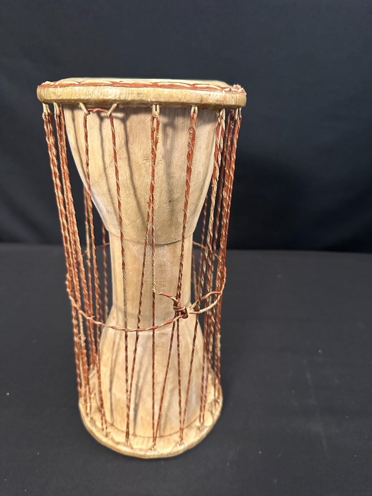 5" Talking Drum with skin heads, brown leather at stitching and ropes 10"H - Image 2