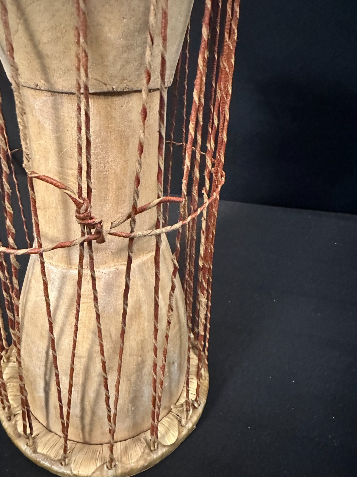5" Talking Drum with skin heads, brown leather at stitching and ropes 10"H - Image 3