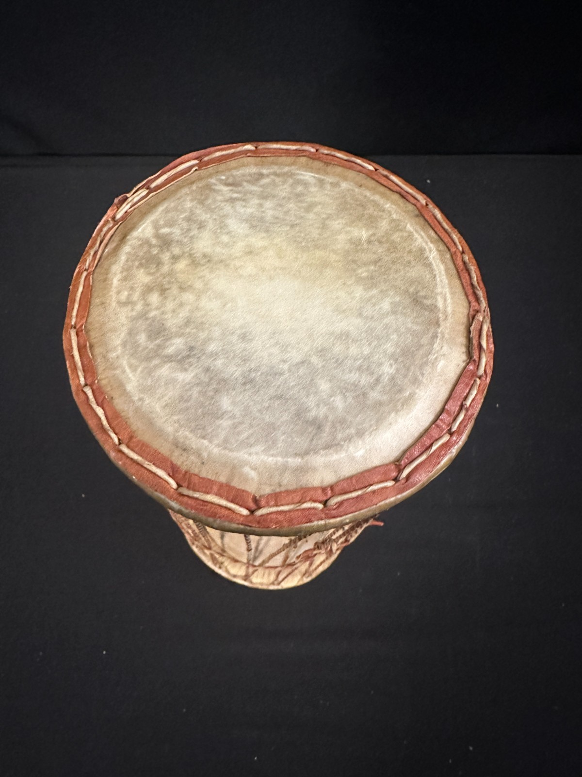 5" Talking Drum with skin heads, brown leather at stitching and ropes 10"H - Image 5