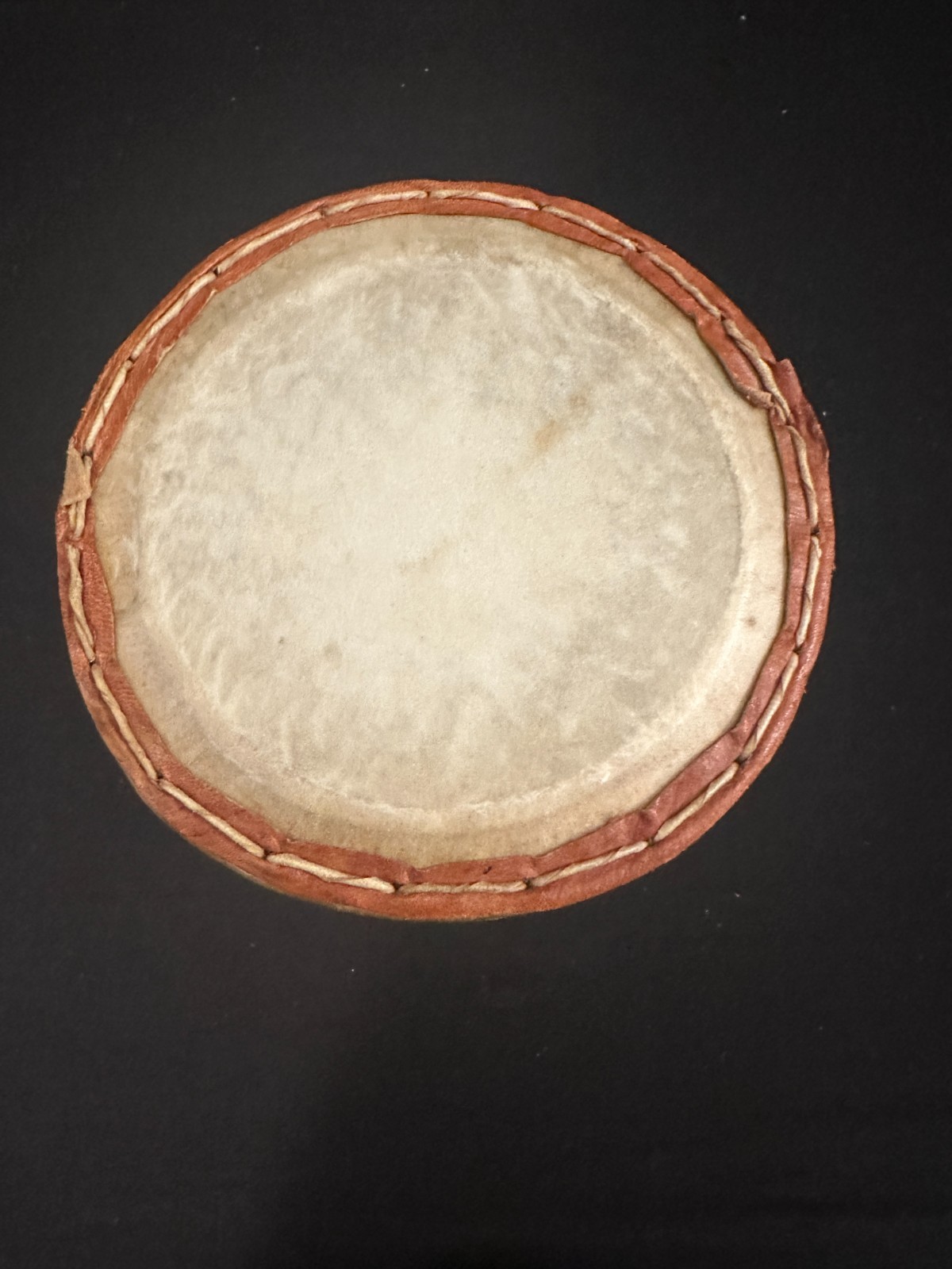 5" Talking Drum with skin heads, brown leather at stitching and ropes 10"H - Image 6