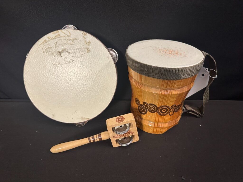 First Act 3-Piece Hand Percussion Set, bongo tambourine, and bell shaker