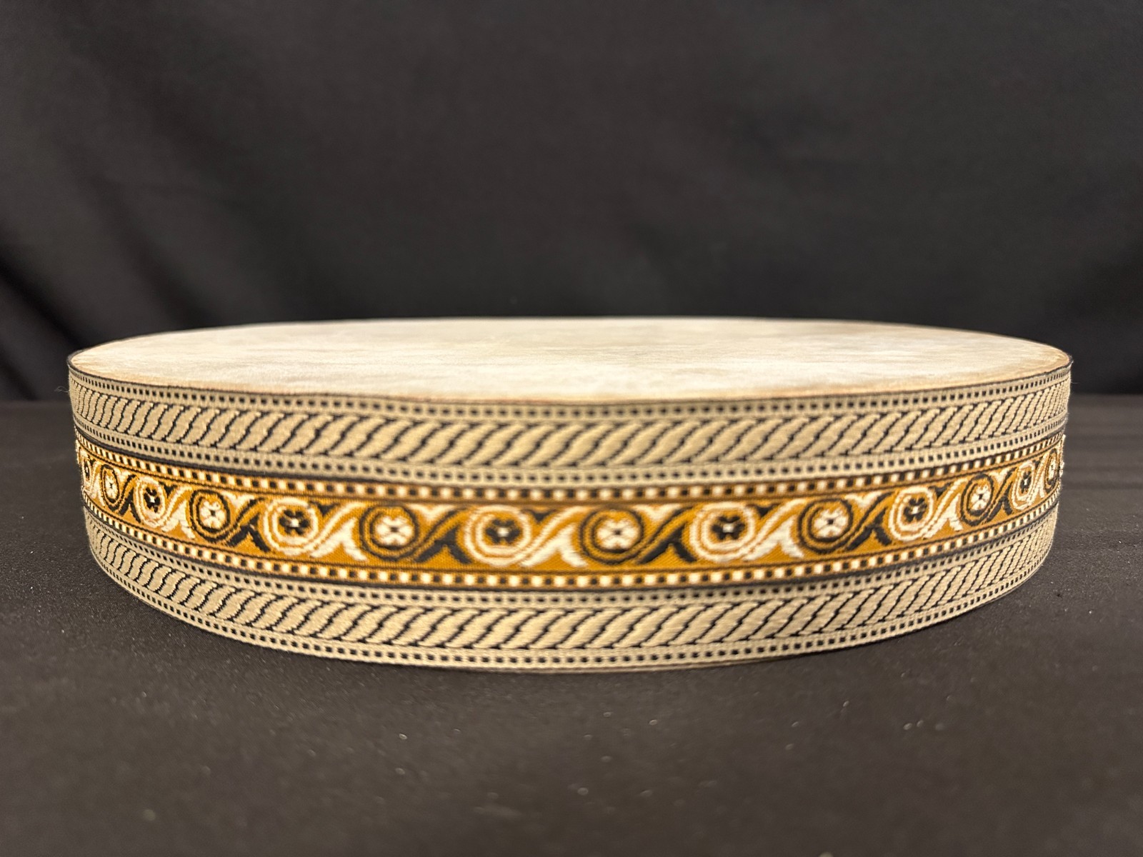 12" x 2" Unbranded, decorated Ocean Drum, skin, light brown with gray and gold - Image 2