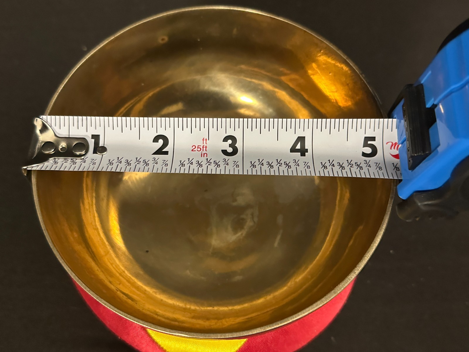 5" Brass singing bowl with red and yellow cushion, 2.5" deep, NO BEATER - Image 3
