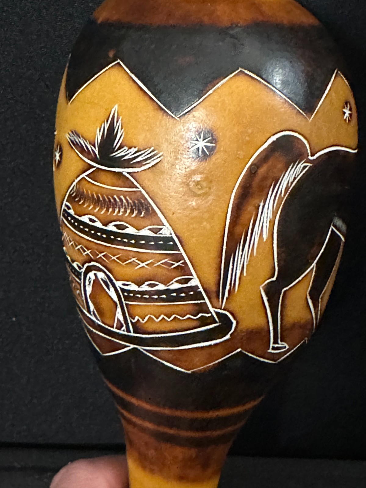 8" unbranded gourd shaker, brown, black, lots of detail work - Image 2