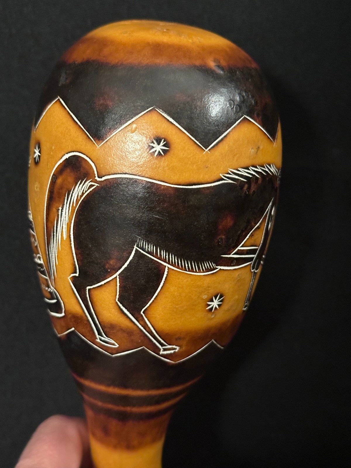 8" unbranded gourd shaker, brown, black, lots of detail work - Image 3
