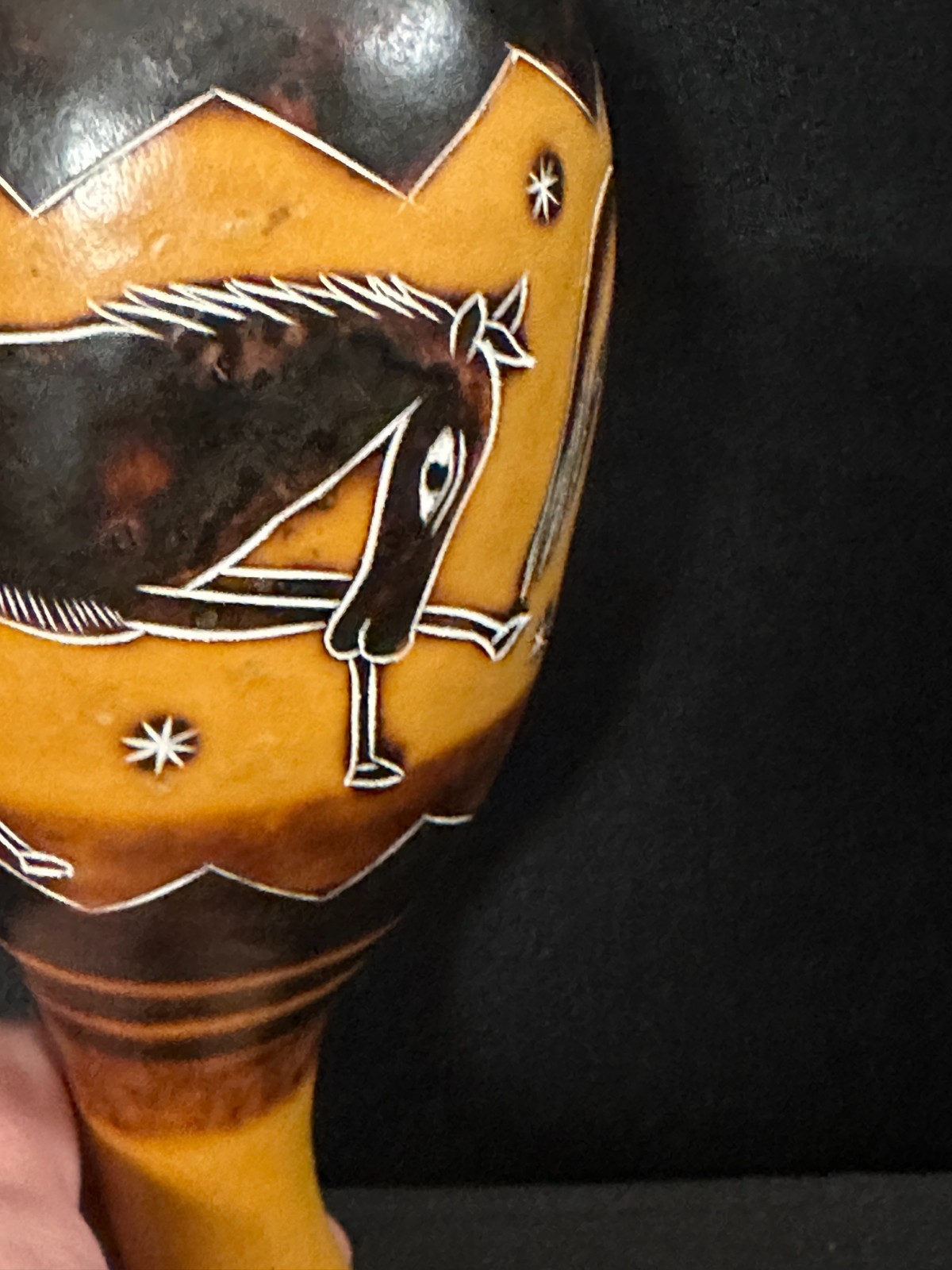 8" unbranded gourd shaker, brown, black, lots of detail work - Image 4