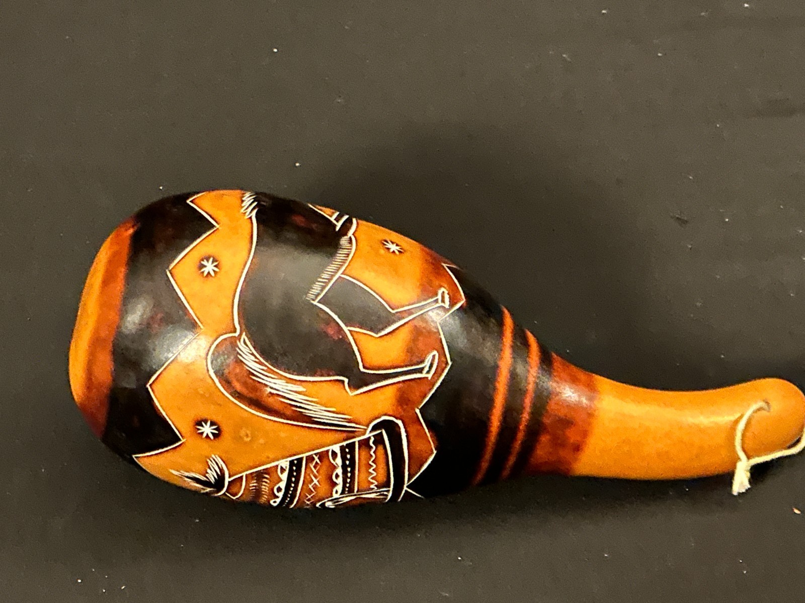 8" unbranded gourd shaker, brown, black, lots of detail work - Image 7