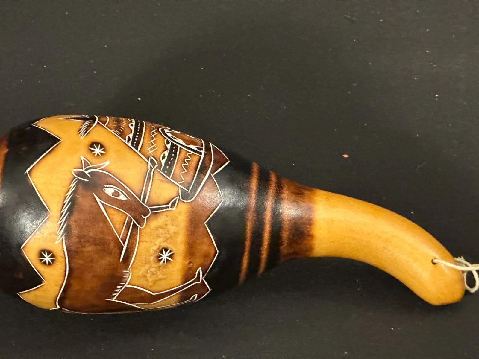 8" unbranded gourd shaker, brown, black, lots of detail work - Image 8