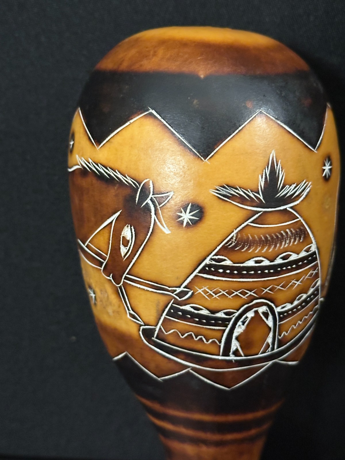 8" unbranded gourd shaker, brown, black, lots of detail work - Image 9