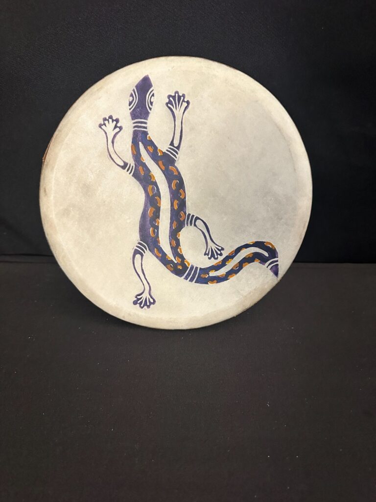 Indonesian 9" Lizard Frame Drum, wood, black with painted skin head, 2in deep