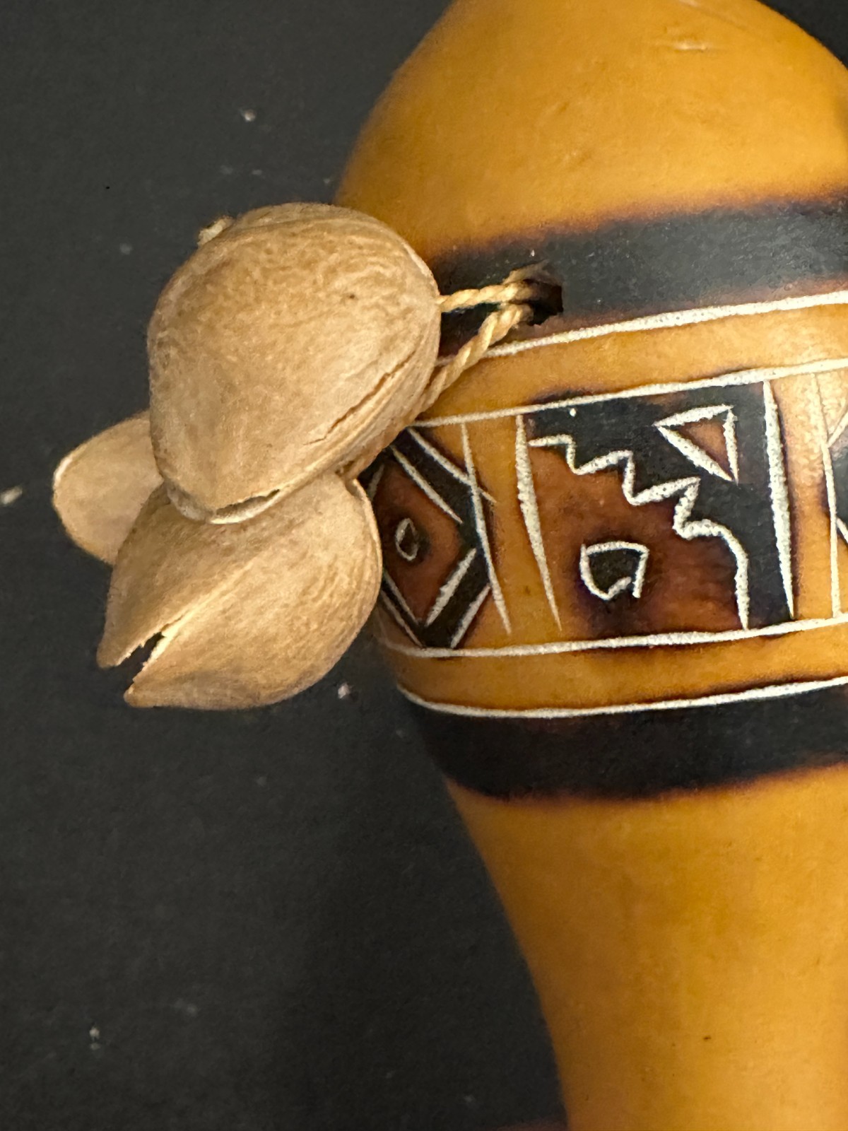 7" Small African Gourd Shaker with nut shells and red tasseled strap - Image 6
