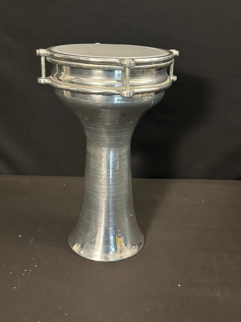 7" Aluminum Darbuka, 12.5" tall, with plastic head, silver