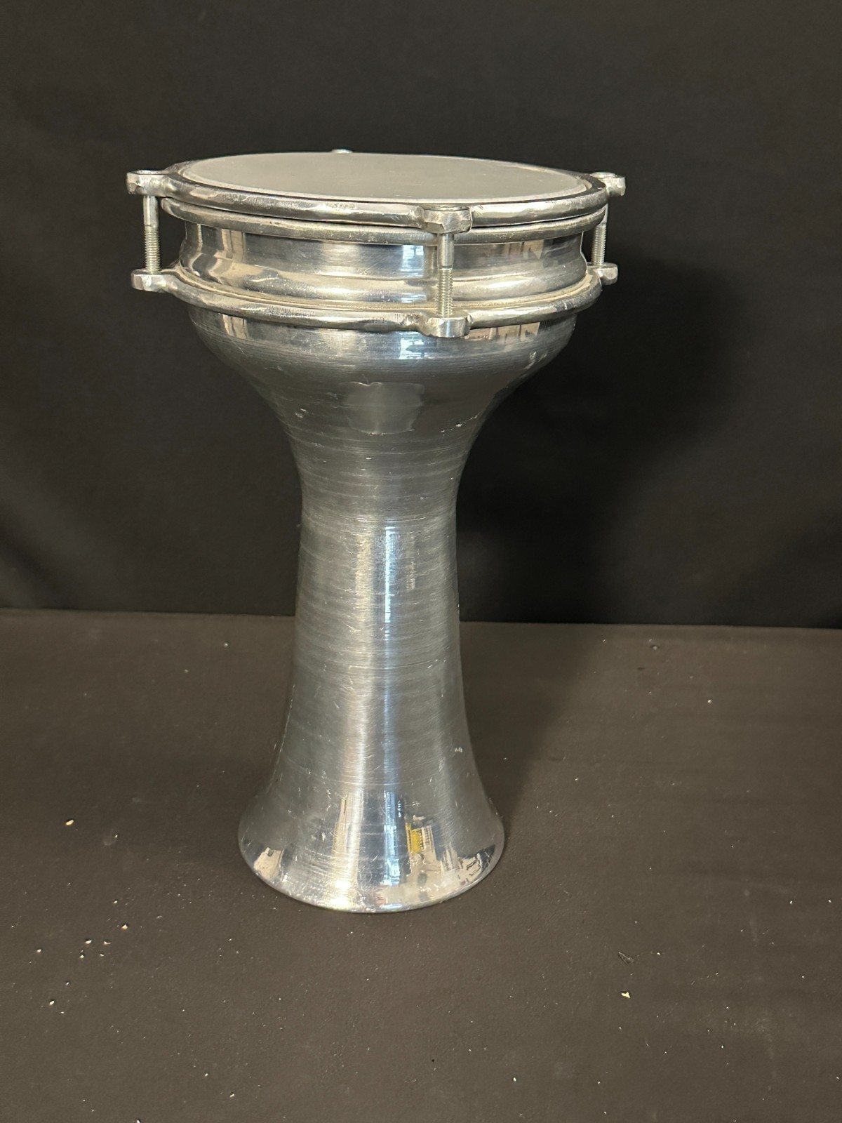 7" Aluminum Darbuka, 12.5" tall, with plastic head, silver