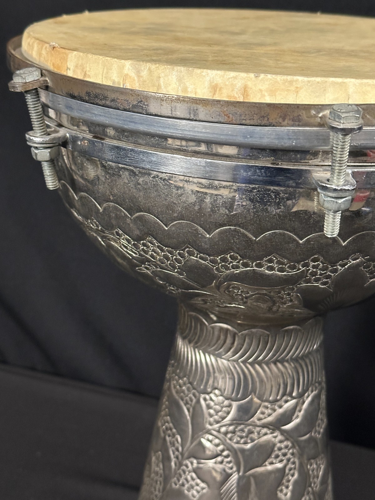 Beautiful 10" Hand Hammered Aluminum Darbuka, 15.5" tall, silver, head is good