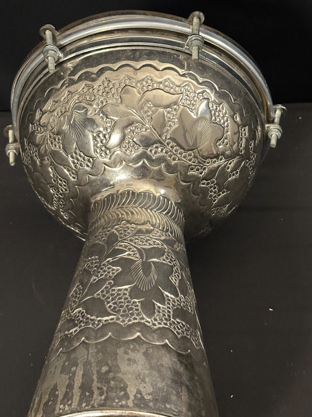 Beautiful 10" Hand Hammered Aluminum Darbuka, 15.5" tall, silver, head is good - Image 3