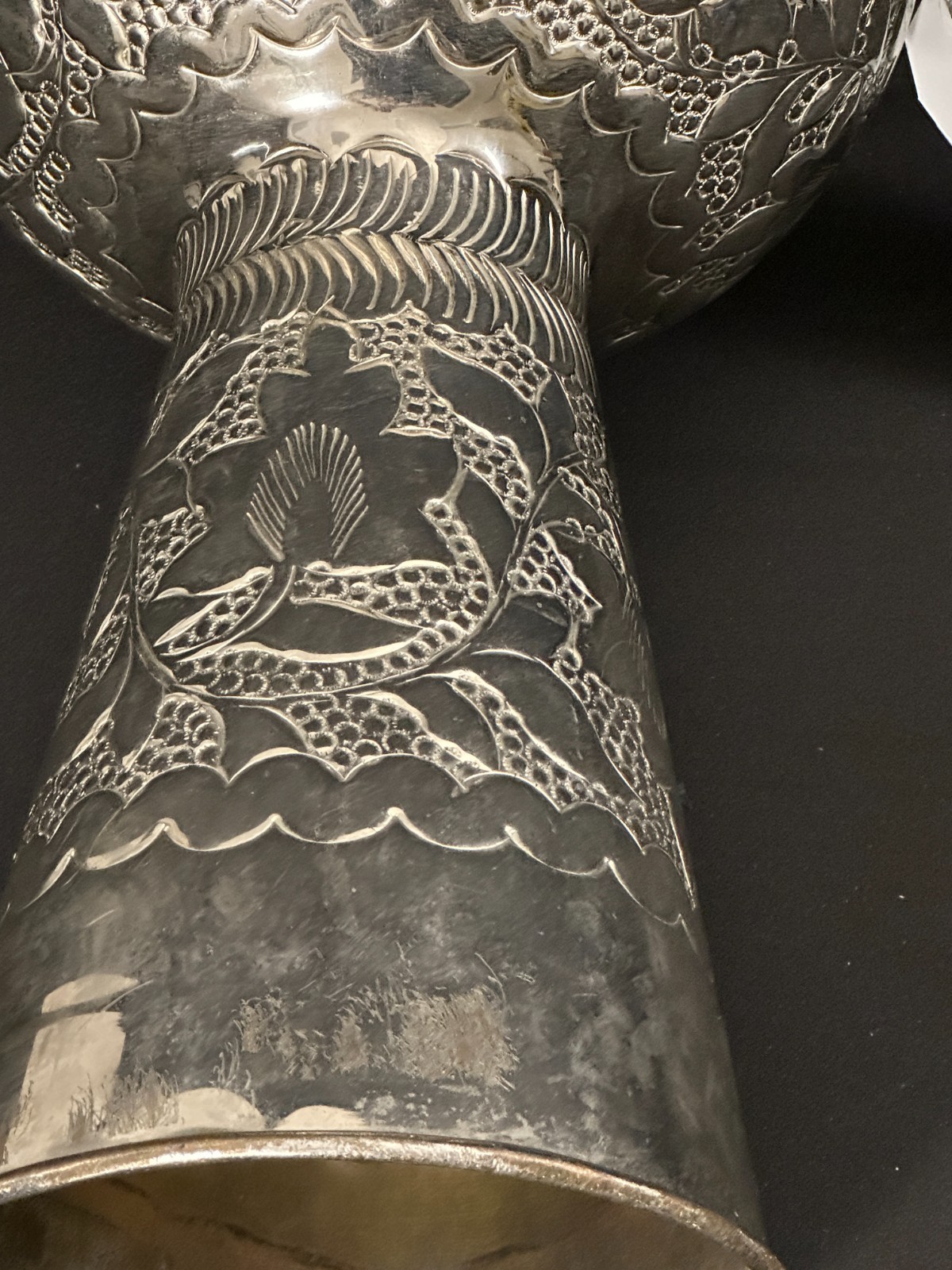 Beautiful 10" Hand Hammered Aluminum Darbuka, 15.5" tall, silver, head is good - Image 5