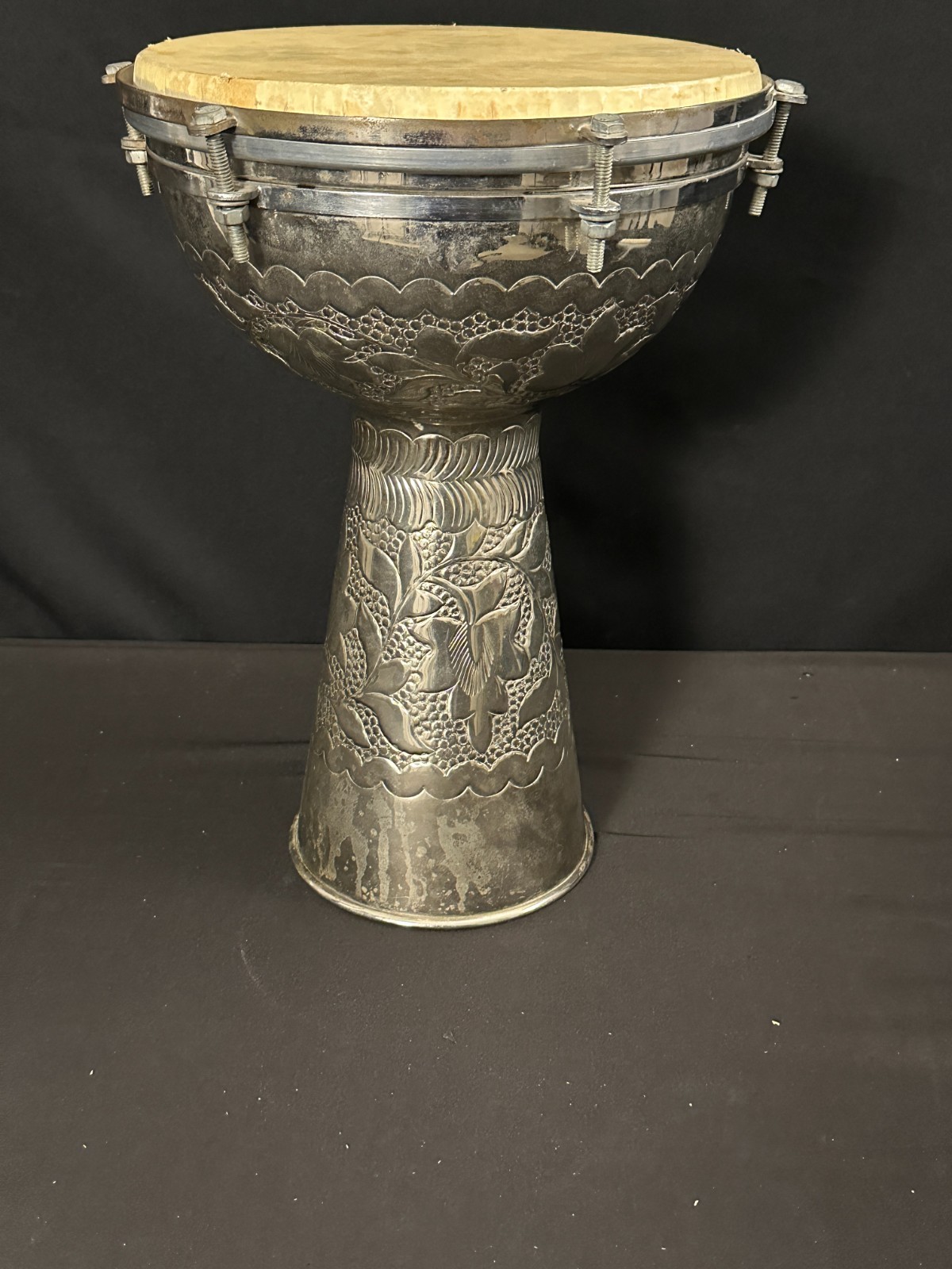 Beautiful 10" Hand Hammered Aluminum Darbuka, 15.5" tall, silver, head is good - Image 7