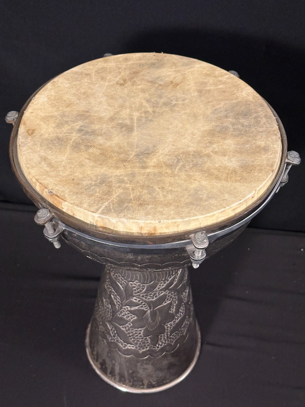 Beautiful 10" Hand Hammered Aluminum Darbuka, 15.5" tall, silver, head is good - Image 8