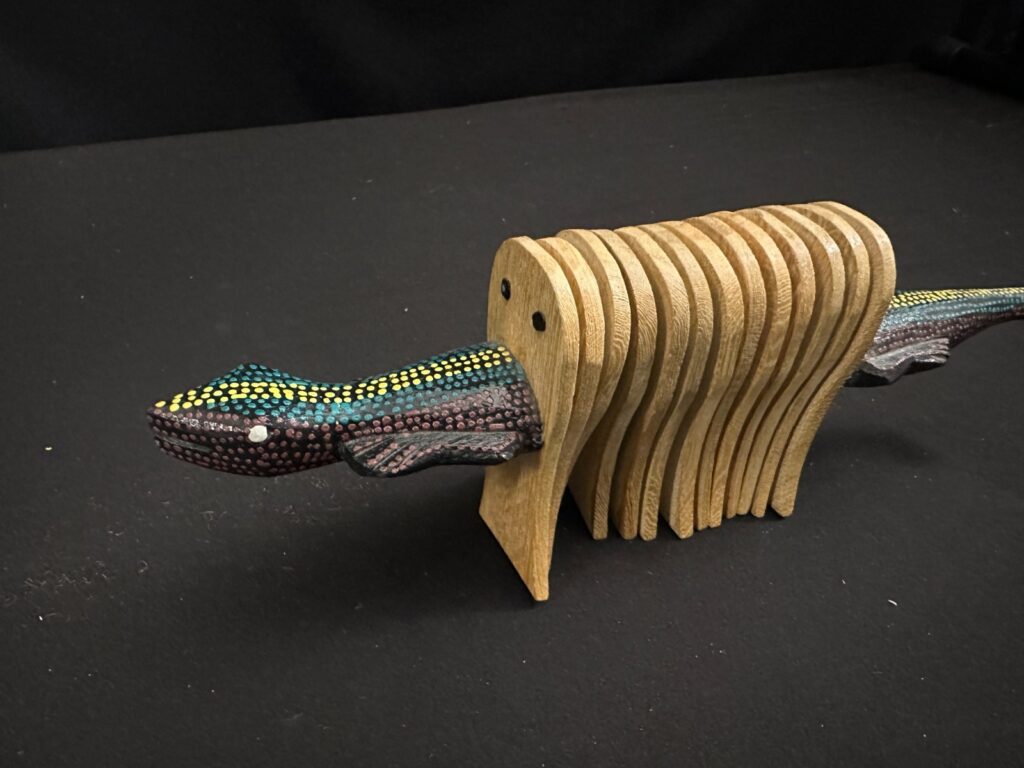 12" long Lizard Clapper, similar to Japanese kokoriko, artwork looks aboriginal