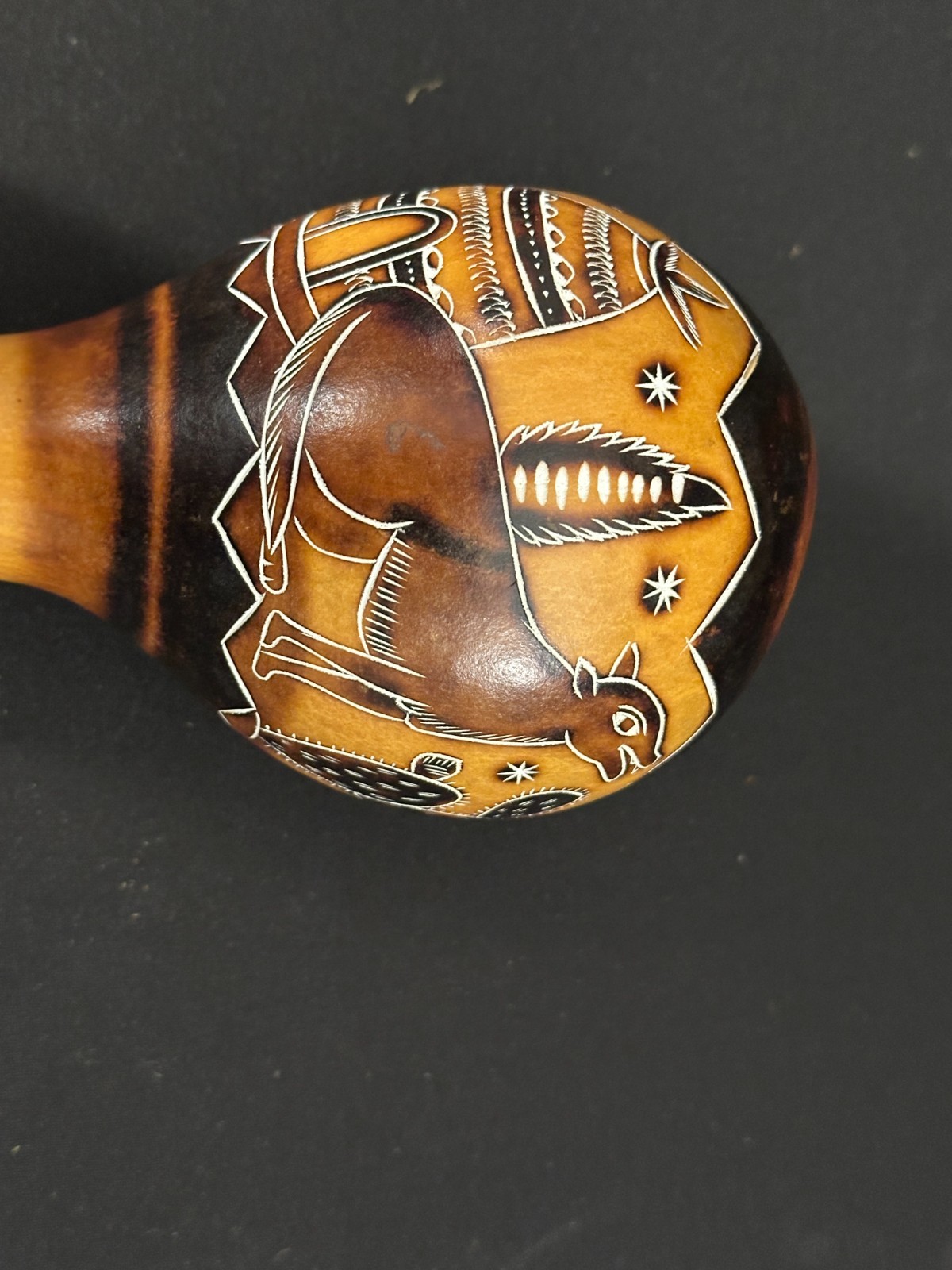 7" Gourd shaker with fox painted details brown and black, tells a story - Image 2
