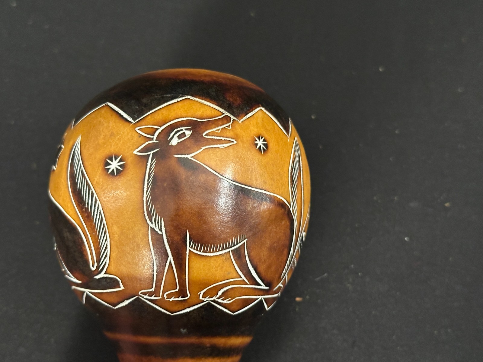 7" Gourd shaker with fox painted details brown and black, tells a story - Image 5