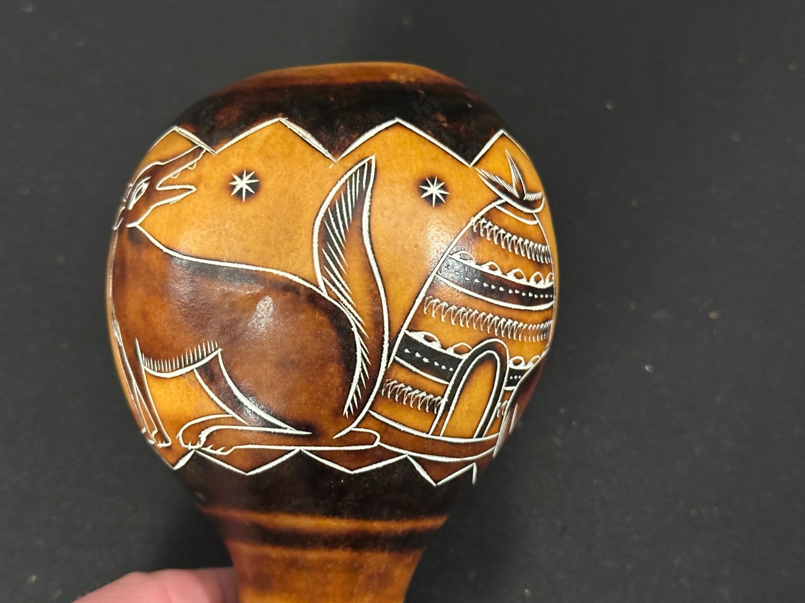 7" Gourd shaker with fox painted details brown and black, tells a story - Image 6