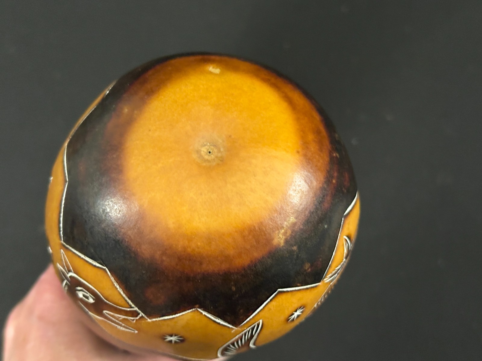 7" Gourd shaker with fox painted details brown and black, tells a story - Image 7