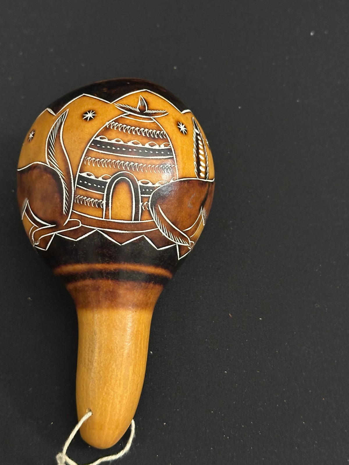 7" Gourd shaker with fox painted details brown and black, tells a story - Image 9
