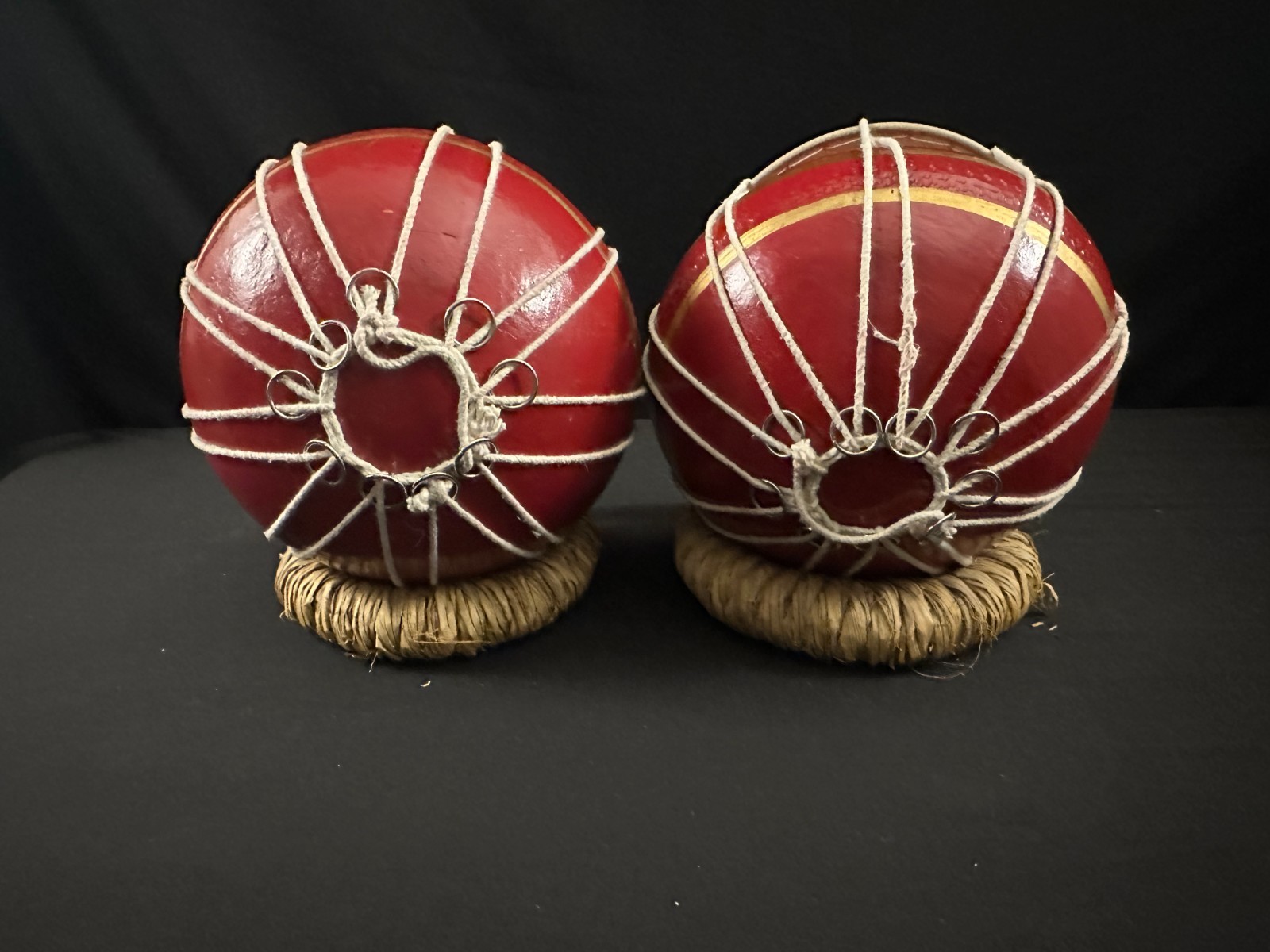 9" diameter pair of hand red and painted hand drums, low and high, w/ cushions. - Image 3