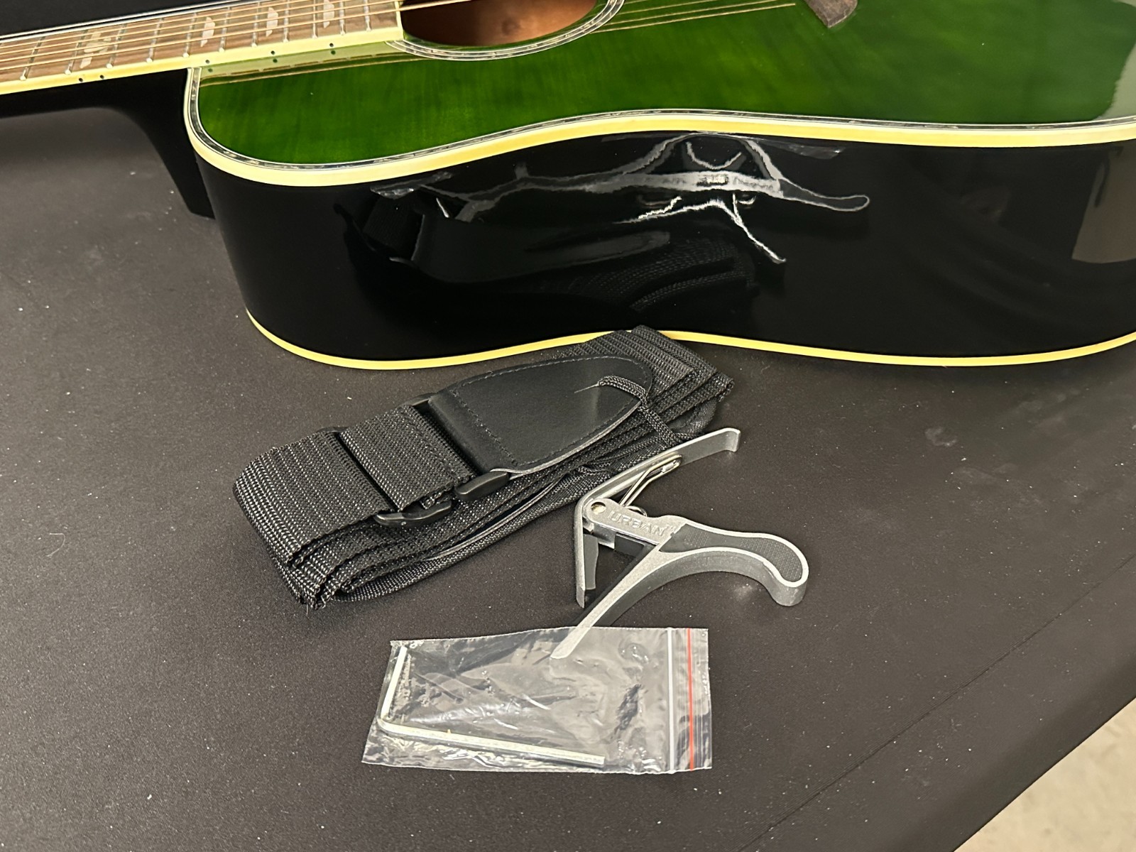 Keith Urban Player Acoustic Guitar, green, with strap, picks, capo, and gig bag - Image 17