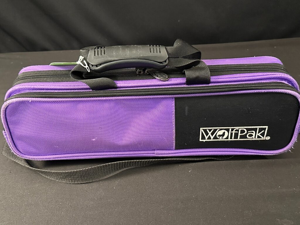Purple Wolfpak Polyfoam Flute Case, gray interior with carry handles and strap