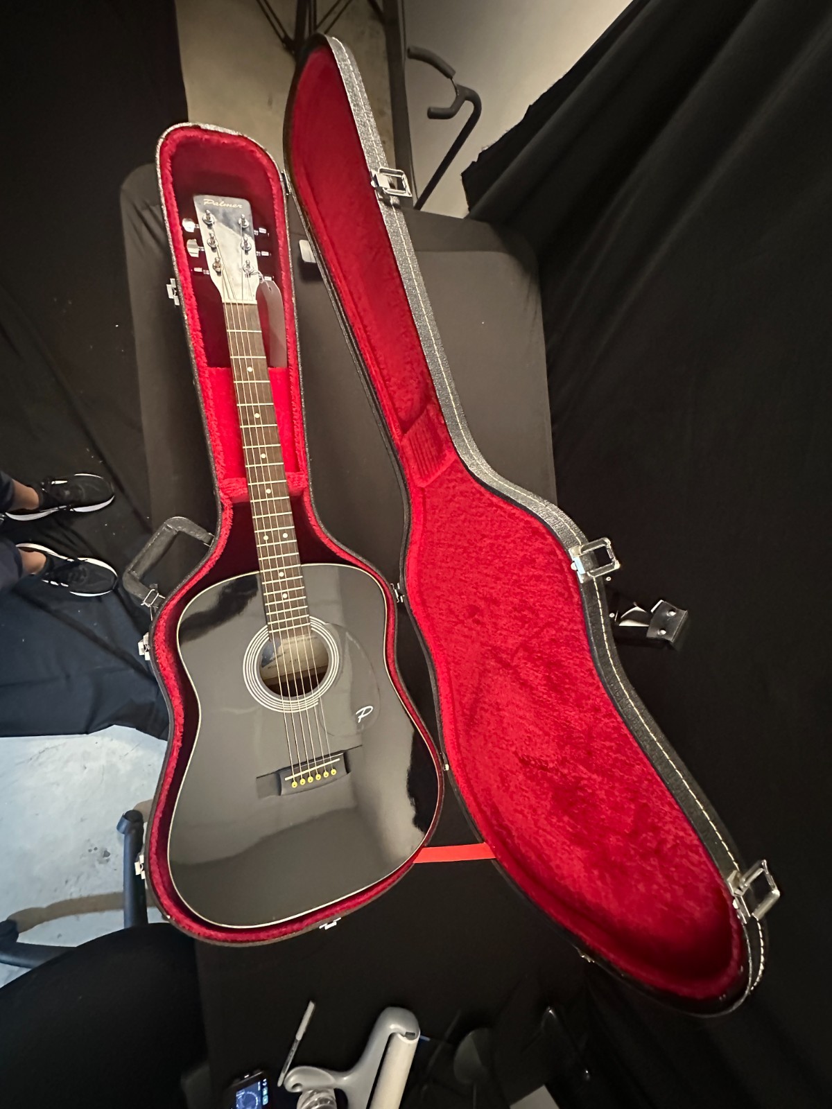 Vintage 1970's Palmer P-37 Acoustic Guitar, black, red case, steel strings - Image 2