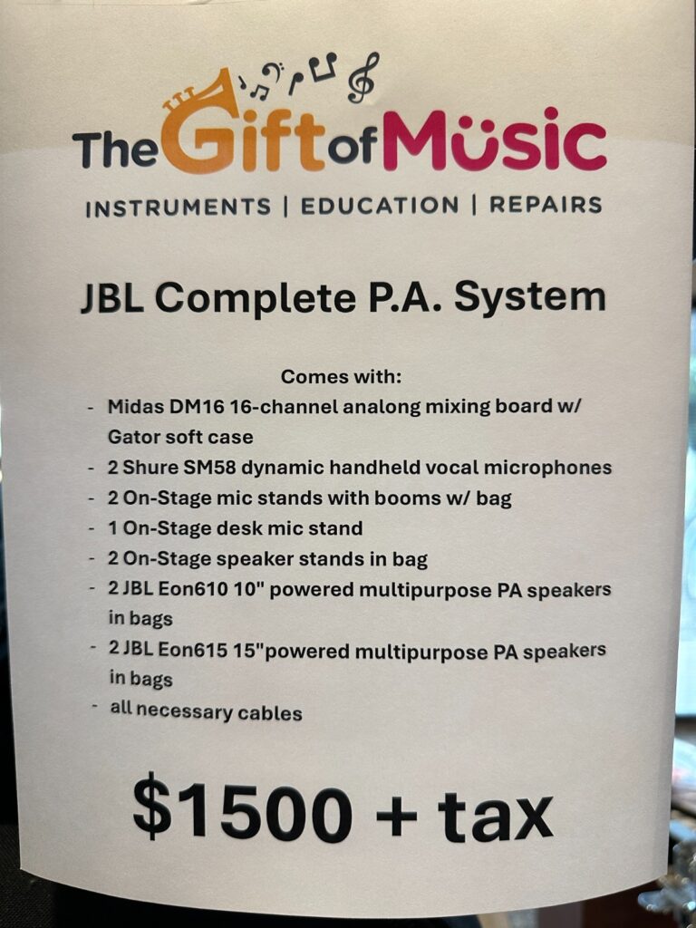 JBL Complete PA System with Midas mixing board, mics, mic stands, speakers,cases