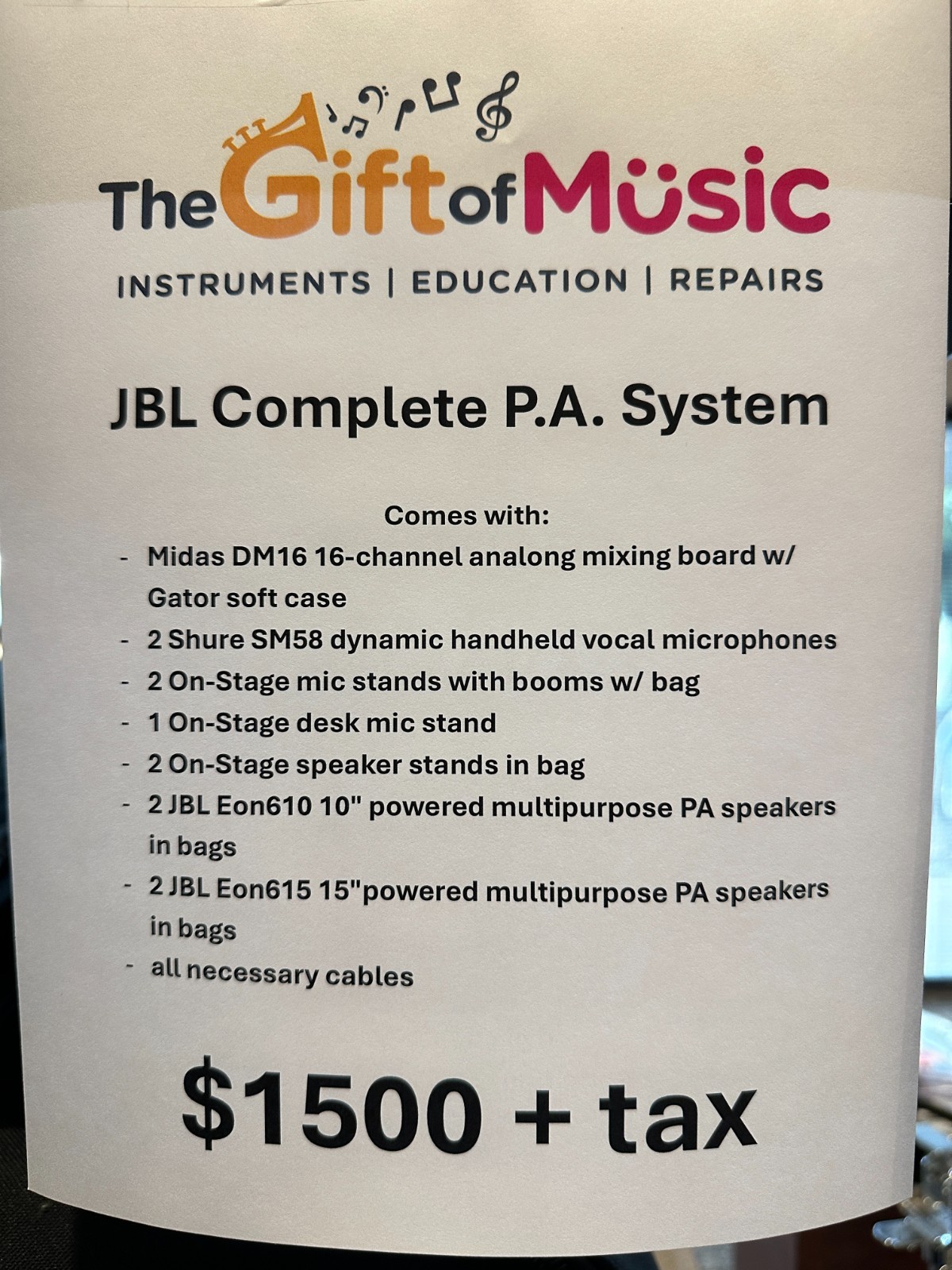 JBL Complete PA System with Midas mixing board, mics, mic stands, speakers,cases