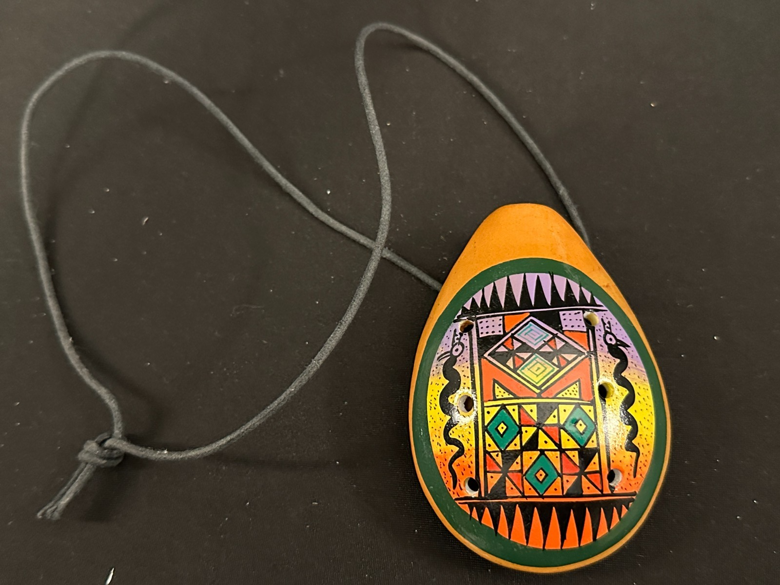 8 hole painted Clay Ocarina with necklace, 4in long, snake painting decoration - Image 7