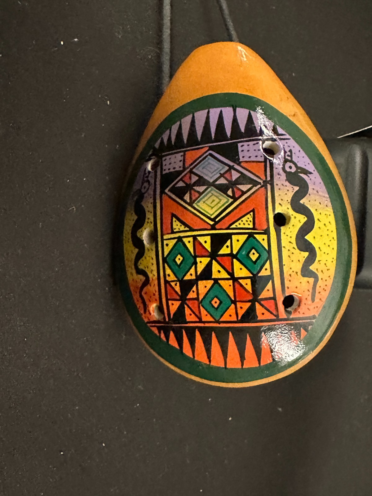 8 hole painted Clay Ocarina with necklace, 4in long, snake painting decoration - Image 9