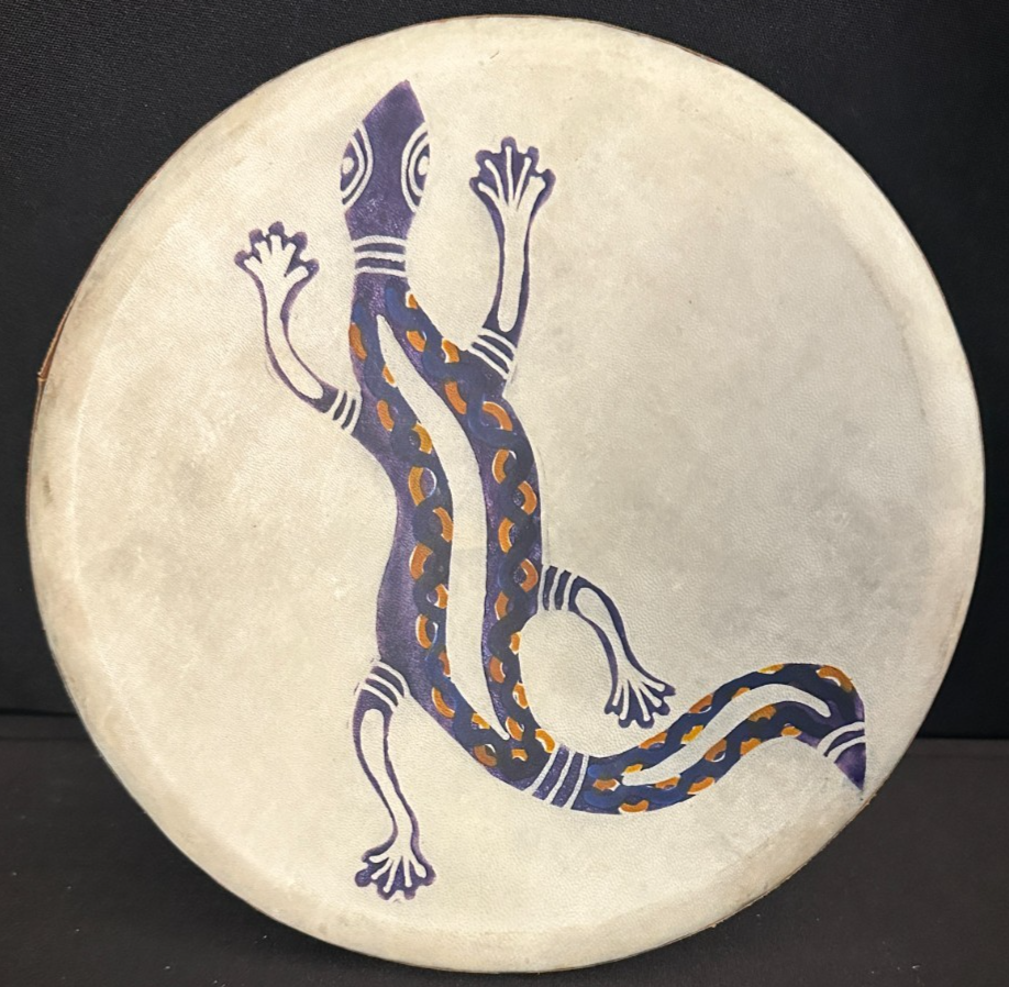 Indonesian 9" Lizard Frame Drum, wood, black with painted skin head, 2in deep